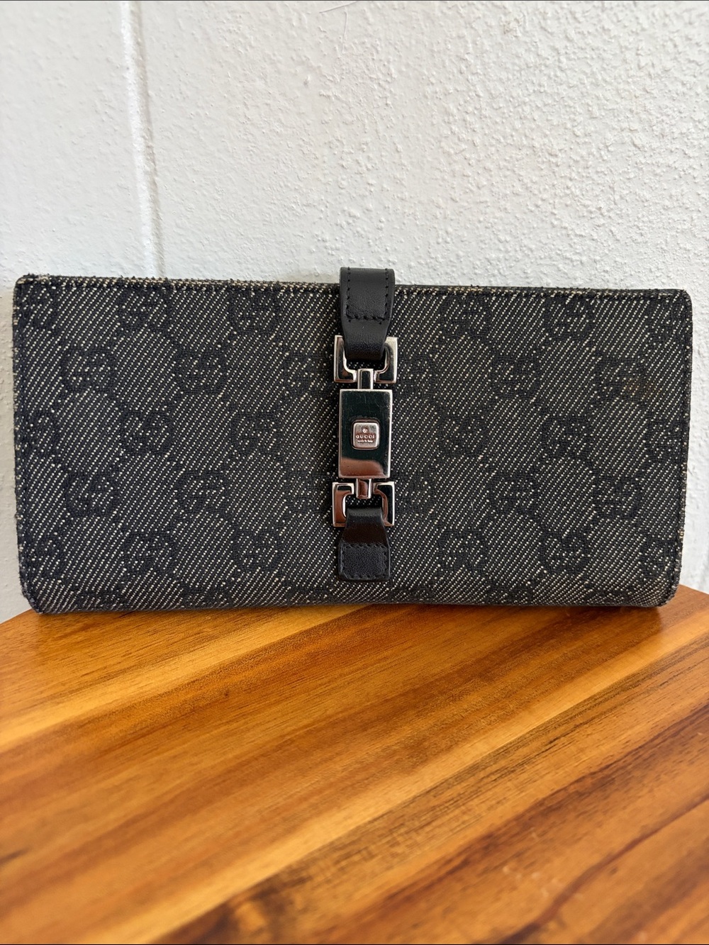Gucci Black and Gray Monogram Clasp Continental Wallet